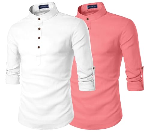 Image of Zombom Men's Combo Cotton Polyester Blend Solid Full Sleeve Straight Regular Fit Mandarin /Chinese Collor Kurta (Pack of 2)