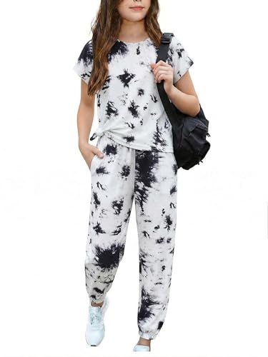 Image of Arshiner Girls Clothes 2 Piece Summer Outfits Drop Shoulder Top Pullover Sweatpants Jogger Set Sweatsuits Tracksuits 6-14Y