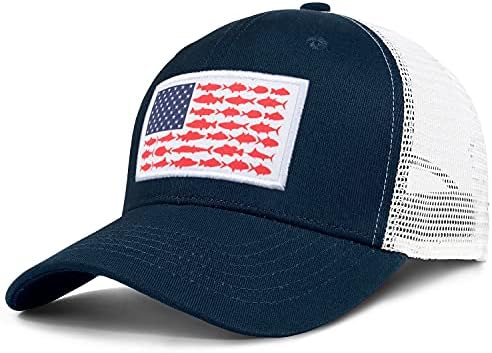 American Fish Flag Trucker Hats - Fishing Gifts for Men - Outdoor Snapback Fishing Hats Perfect for Camping and Daily Use (01.Navy Blue, OSFM)