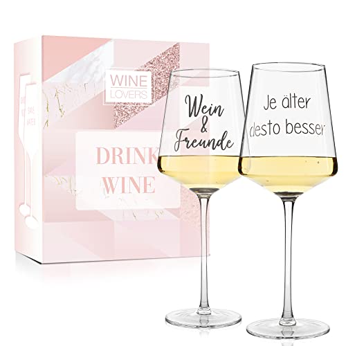 ILP 2er Set XXL Weinglas 550 ml - Wein & Freunde Geschenkset Wein Geschenk mit witzigem Weinglas Spruch - Geschenkset Wein für Paare Frauen Männer - Kleine Weihnachtsgeschenke für Kollegen