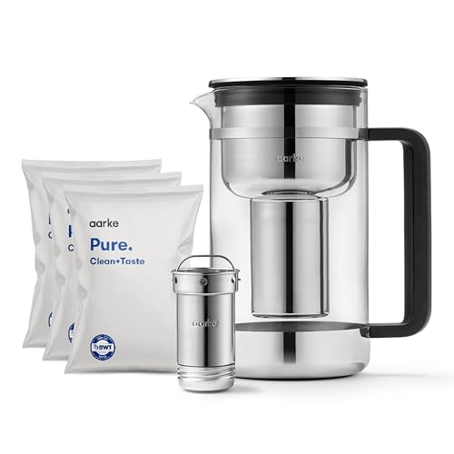 Aarke Purifier Large 1.66L Glass Pitcher Bundle w/Steel Filter, BPA-Free, 4 Pure Refill Granules - Filters Heavy Metals