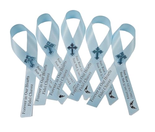 Personalized Memorial Service Funeral Ribbon Pins 20 Cross Religious Celebration of Life Custom Made Awareness Remembrance Anniversary Death Cross Sympathy In Loving Memory Angel (Pastel Blue)