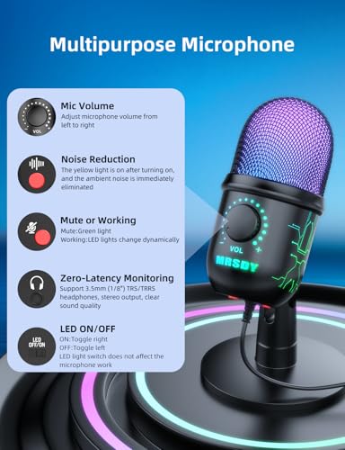 Image of MRSDY USB Gaming Microphone for PC with Noise Reduction, Mute, Gain, RGB | Condenser Mic, Headphone Jack, Suitable for PC, Computer, PS4, PS5, Mac, Streaming, Podcasting, Recording, YouTube, Discord