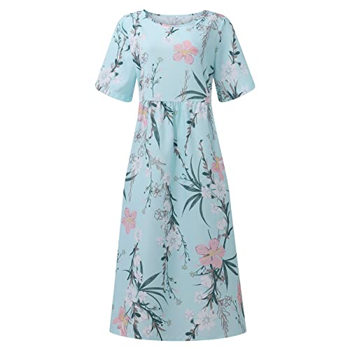 Women Dress, Floral Dress White Sparkly Wedding Size 8 Women's Summer Casual Fashion Printed Short Sleeve 2022 O-Neck Pocket Dress Casual Print Short Crewneck Dress Skirts J Crew (Xl, Blue) #TOP2