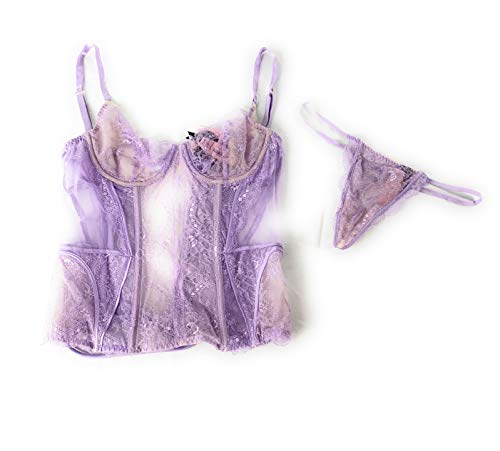 Designer Collection 34B Small Bustier Set Bundle of 2: 1 34B Bustier/Corset and 1 Small Thong Lilac
