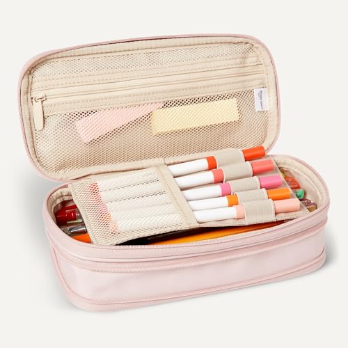 Image of Amazon Basics Large Capacity Pencil Case with Durable Zipper, Multi-Compartment Pouch for School Supplies, Storage Space, Easy to Carry, Rose Mild