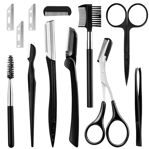 11Pcs, Eyebrow Kit, Professional Eyebrow Shaping Kit with Eyebrow Scissors and Razor, Complete Grooming Tools Set for Women and Men, Black