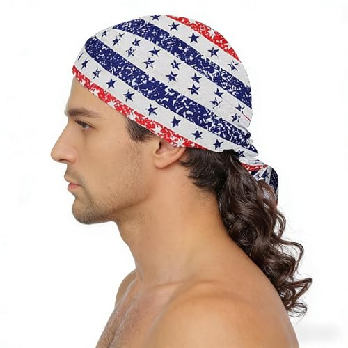 Image of Men's Mullet Wig with USA Bandana - Long Curly Patriotic Mullet Wig for 4th of July, Hillbilly Costume, Redneck Party, Cosplay (Medium Brown)