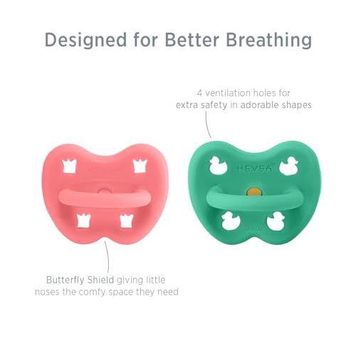 Image of HEVEA Natural Rubber Pacifier Orthodontic 3-36 Months - Hygienic One Piece Design for Newborns to Toddlers, BPA-Free, Soft & Durable - Two-Pack (Tulip Pink & Pop of Green)