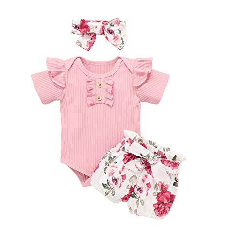 Newborn Baby Girl Summer Short Set Ruffle Romper Bodysuit+Floral Pants+Headband 3Pcs Clothes Set (Pink-1, 12-18 Months)