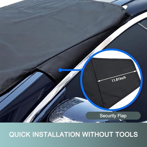 Image of Car Windshield Snow Cover, Ice and Snow Windshield Protector, 600D Oxford Cloth Stowable Drawstring Closure Quick Install Frost Cover, Winter Ice and Snow Protection Accessories (Black)