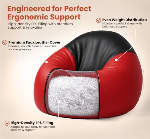 Image of Sattva Classic 3XL Bean Bag Chair with Beans Filled | Faux Leather Sofa Style Beanbags with Filled Beans | Pre-Filled Beans Bag with Beans for Adults | Large Bin Bags Sofa - Black & Red