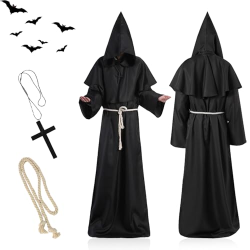 Gxlaihly Disfraz de Monje,Disfraz Monje,Disfraz Monje Medieval,Disfraz de monje de Halloween,Disfraz de Sacerdote,Túnica de Monje,para fiestas de disfraces, Halloween, Carnaval (Negro, L)