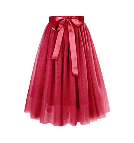 Joeoy Women's High Waist Ballet Layered Princess A Line Midi Tutu Tulle Skirt-S (Wine Red)