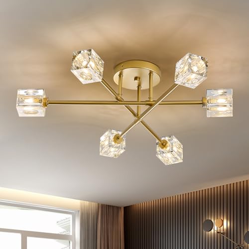 Image of Modern Crystal Semi Flush Mount Ceiling Light Gold Sputnik Chandeliers 6 Lights Industrial 26 inch Chandelier for Foyer Entryway Kitchen Bedroom Living Room Dining Room