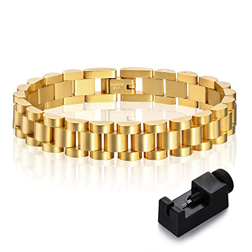 MPRAINBOW Gold Thick Link Bracelet for Women - 7" Stainless Steel Watch Band Chain Wristband Jewelry with Adjust Tool