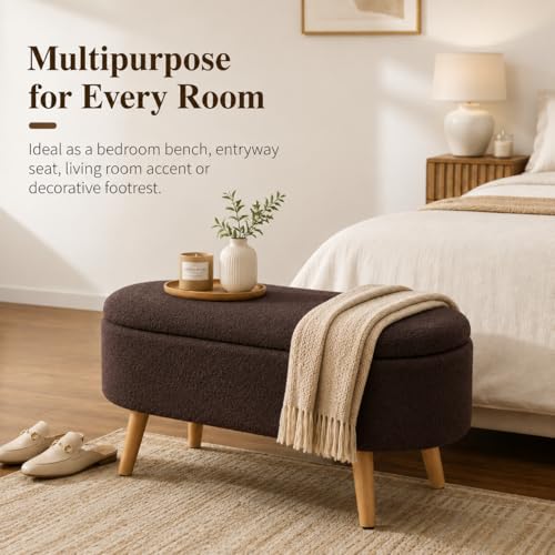 Image of Upholstered Ottoman Storage Bench, Premium Boucle Fabric, Heavy Duty 120 Kg Load Capacity, Multipurpose Seating for Living Room & Bedroom, Brown