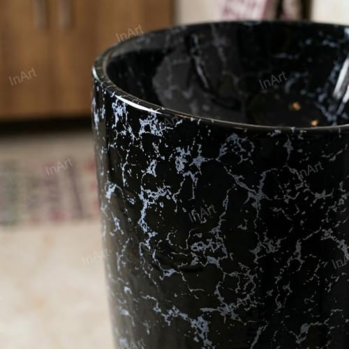 Image of InArt Ceramic Pedestal Wash Basin, Black Marble, 38x38 CM, Glaze Coated Easy Clean, Contemporary Free Standing Design for Modern Bathrooms, Kitchens, Living Rooms (Black Marble)