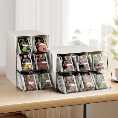 EFUTURETIME 4 Stück Teebox Kunststoff mit 12 Schubladen 22,6x16,5x7,6cm Teebeutel Organizer Stapelbar, Tee Aufbewahrung für Losen Tee, Teebeutel, Kaffee, Zucker, Stift und Kosmetika, Weiß