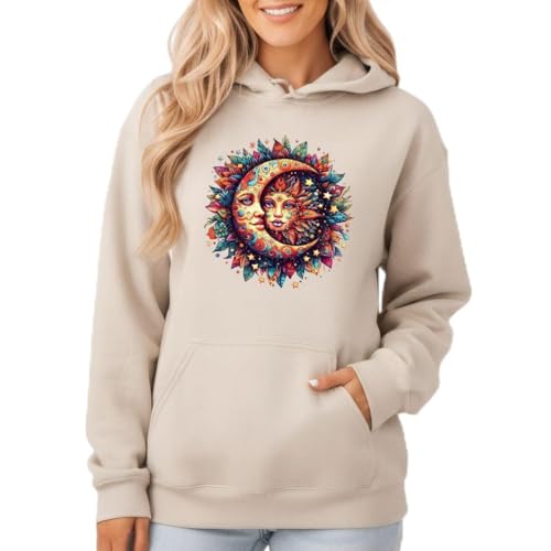 Sassy Souls Sun Moon Sun And Moon Celestial Graphic Hoodie For Women Vibrant Bohemian Illustrative Art Pullover Sweatshirt XL (18-20) Sand