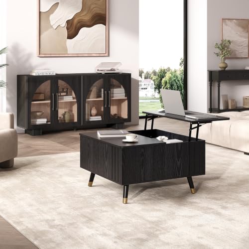 Image of JOINICE Square Lift Top Coffee Table with Storage for Living Room,Black | 32 inch Multi-functional Pop Up Center Table,Large Hidden Compartments with Solid Wood Legs,Lift to 23 inch,Hold 100lbs,Easy Assembly