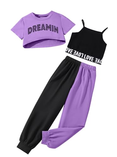 Ecolala Girls Summer 3 Pieces Outfits Graphic Crop Top Cami and Color Block Sweatpants Clothing Set Purple Letter A 7-8Y