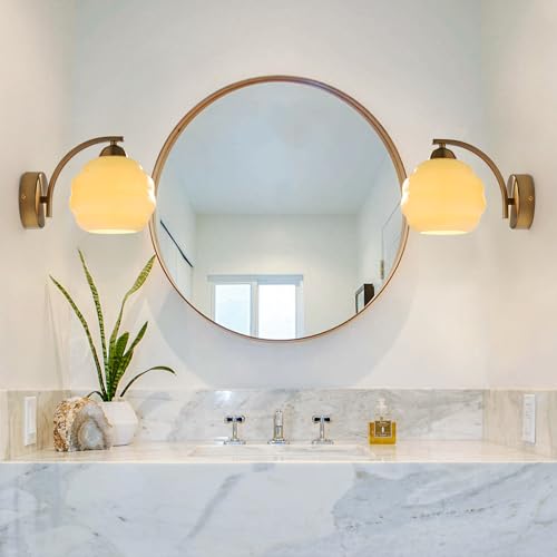 Image of Mid Century Modern Wall Sconces Set of Two Brushed Brass Wall Sconce Gold Glass Wall Lights Globe Wall Mount Light Fixture Vintage Hallway Bathroom Sconces Wall Lighting Set of 2
