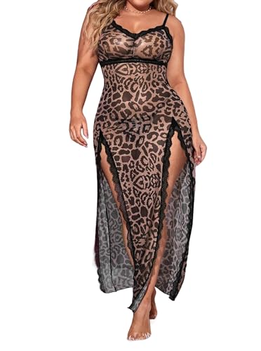 Hilinker Womens Plus Size Leopard Mesh Lingerie Dress Split Long Slip Lace Trim Chemise Nightgown