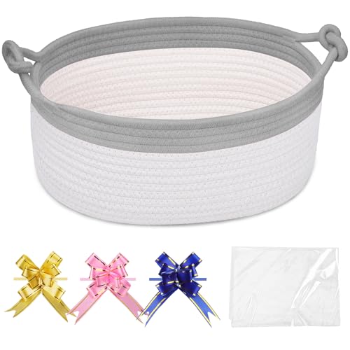 Image of COMSE Small Gift Basket Empty with Bag & Ribbons, Cool Gray & White