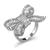 XUN Zhe Sparkly Rhinestone Bow Rings for Women Adjustable Cocktail Statement Finge Ring Pave Crystal Bow Open Ring Promise Engagement Wedding Party Jewelry (Silver)