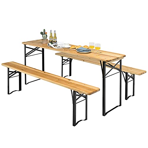 Rainfally 70” 3-Piece Portable Folding Picnic Table Bench Set, Portable Picnic Beer Table w/Wooden Tabletop, Outdoor Foldable Dining Table Set for Party, Picnic, Camping, Patio, Garden, Natural Brown