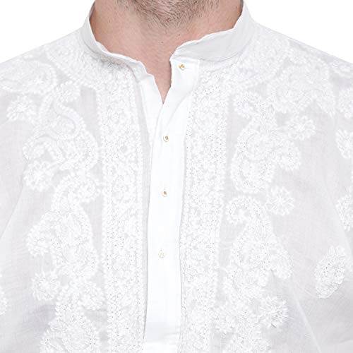 Image of Lucknow Chikan Men's White Pure Cotton Kurta Pajama Set, Full Booty (44)