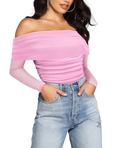 SAUNGKUAI Women's Off The Shoulder Long Sleeve Bodysuit Sexy Slimming Body Suit Tops Sheer Mesh Ruched Fall Outfits 2025 Pink M