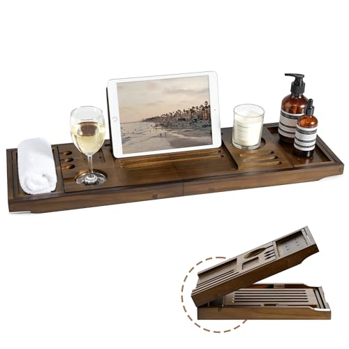 Realgulf Teak Bathtub Tray | Adjustable Width Tray with Wine Holder, Tablet/Phone & Book Stand, Splash-Proof for Bath Time- Walnut