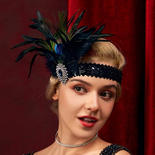 IYOU Feather Gatsby Headpiece Black Rhinestone 1920s Flapper Headband Prom Costume Wedding Hair Accessories for Women - Image 2