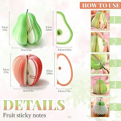 Image of Sticky Notes 3D Fruit Shape Non-Sticky Notepads, Set of 2 | Kawaii and Fruit Colorful, DIY Scratch Pad, With Paper Clip, For Office and School