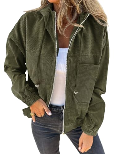 VICHYIE Cordjacke mit Kordelzug, Kapuze, Tasche, Reißverschluss, lockere Jacke, Grün , M