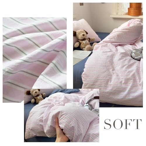 Image of VM VOUGEMARKET Pink Striped Duvet Cover Set Queen Size,Casual Stripe Bedding Set for Teens Girls,Soft Microfiber Comforter Cover for Modern Bedroom,90 inchx90 inch