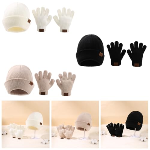 Warm Knit Hat and Matching Gloves Set for Children Aged 6 Months to 3 Years Unisex Pullover Hat Mitts Winter Accessory White2