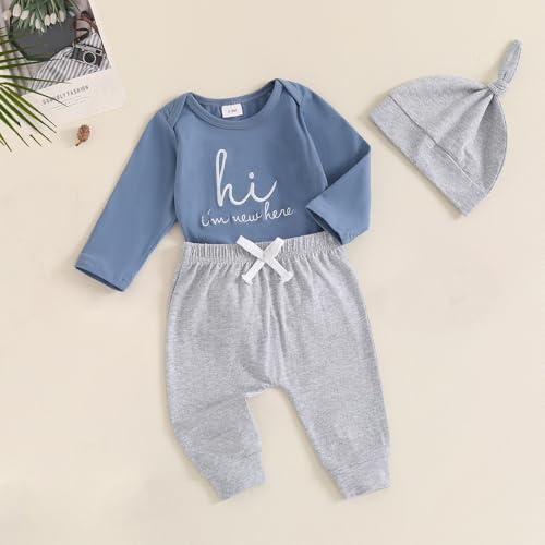 Newborn Baby Boy Clothes Hi I'm New Here Coming Home Outfit Letter Print Romper Pant Fall Winter Baby Boy's Clothing2