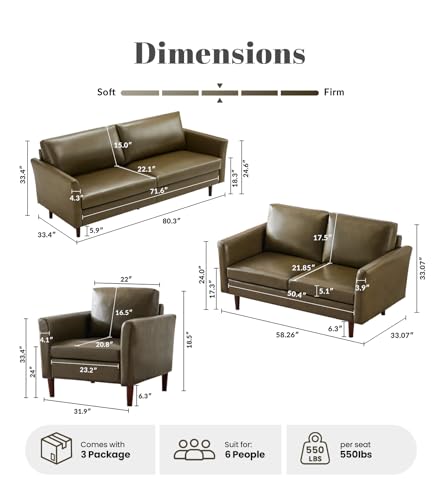 Image of Kingfun 3 Piece Living Room Furniture Sets, 3 Seater Couch, Loveseat and Armchair, Faux Leather Couch Set, Mid Century Modern Sofa Set with Solid Wood Frame for Living Room, Office, Olive Green