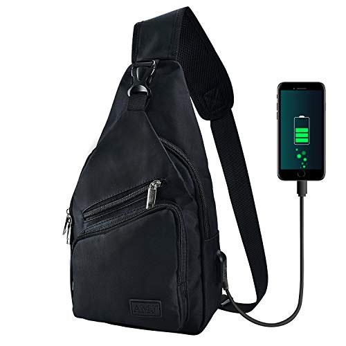 AMJ Crossbody Sling Bag Men Women, Casual Shoulder Backpack, Chest Daypack Satchel for Hiking Travel Black - Large Large