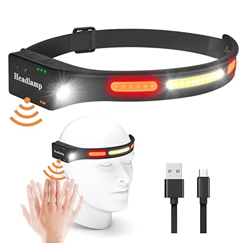 Led Headlamp Rechargeable 230° Wide Beam Headlight with Motion Sensor 5 Modes 2 COB Head Lamp Lightweight Outdoor Waterproof Head Light for Camping, Fishing, Hiking, Running (Black 1PC)