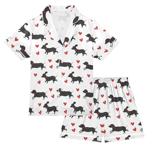 Cute Black Dachshund with Heartss Summer Satin Pajama Set, Cute Button-Down Sleepwear Pj Set for Sleep Wears