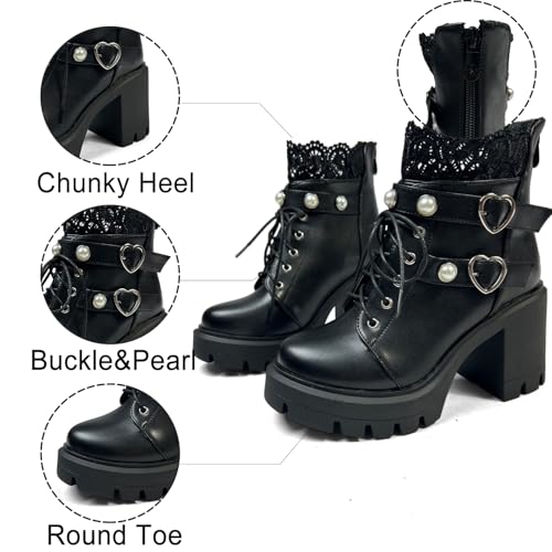Image of FOREADA Goth Boots Chunky Heel Boot For Women Ankle Combat Booties Black Platform Bootie Buckle Rivets Punk Goth Shoes With Zipper