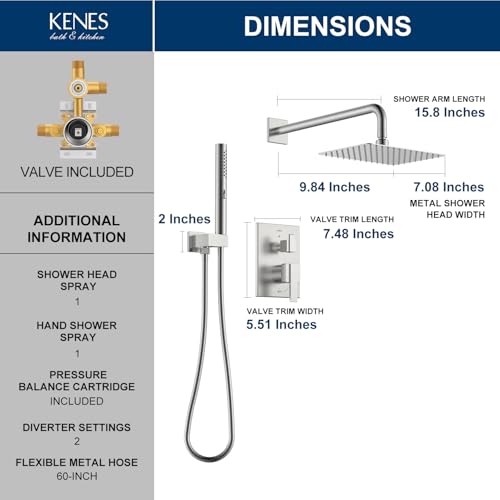 Image of KENES Brushed Nickel Square Rain Shower System Faucet Set with Handheld