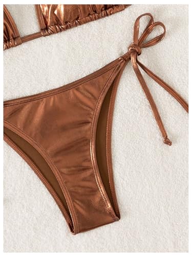 SOLY HUX Bathing Suit for Women Metallic Halter Top Two Piece Swimsuit Tie Side Triangle Thong Bikini Swimwear4