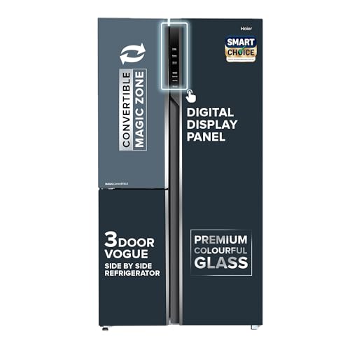 Haier 598L 3Star Vogue 3-Door Side by Side Frost Free Refrigerator|Expert Inverter Technology|Digital Display Panel|Triple Twist Ice Maker|Deo Fresh Technology (HRT-683GOG, Grey Onyx Glass)