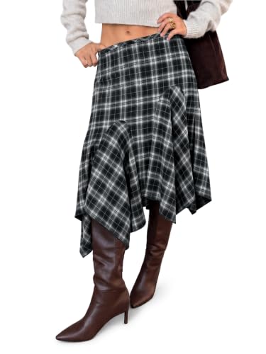 Yousify Women's Plaid Midi Skirts Y2k Low Waist Asymmetrical Flowy Skirt