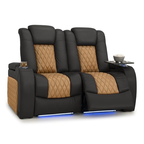 Image of Seatcraft Diamante Black /Tan Oak Italian Leather Home Theater Seating, Zero Gravity Power Recliner, Gaming and Home Office Chair, Powered Headrest Furniture for Cinema Room, Row of 2 Loveseats